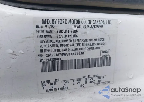 2000 Mercury Grand Marquis Ls из США, поврежденный, VIN 2MEFM75W8YX671450